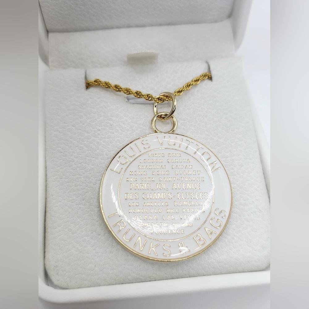 White Louis Vutton Medallion Pendant Necklace. On ATOLEA 18KT gold Plated Chain. - Picture 2 of 3